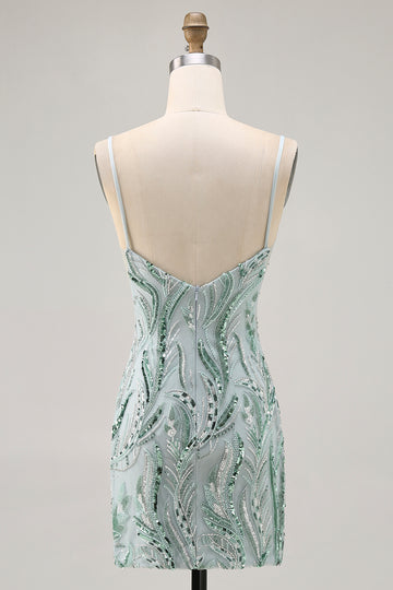 Green Bodycon Spaghetti Straps Beaded Homecoming Dress with Sequins